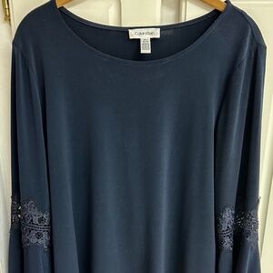 Calvin Klein  Navy and Embroidered Flared Sleeve Top